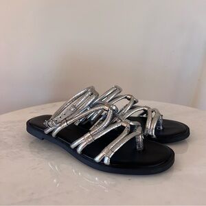 Rebecca Minkoff Metallic Strappy Silver and Black Gladiator Sandals Sarle 6.5